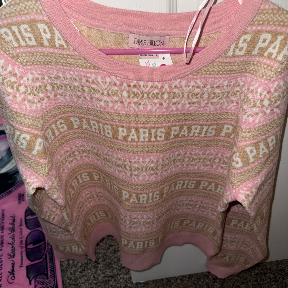 Paris Hilton Pink and Beige Patterned Sweater